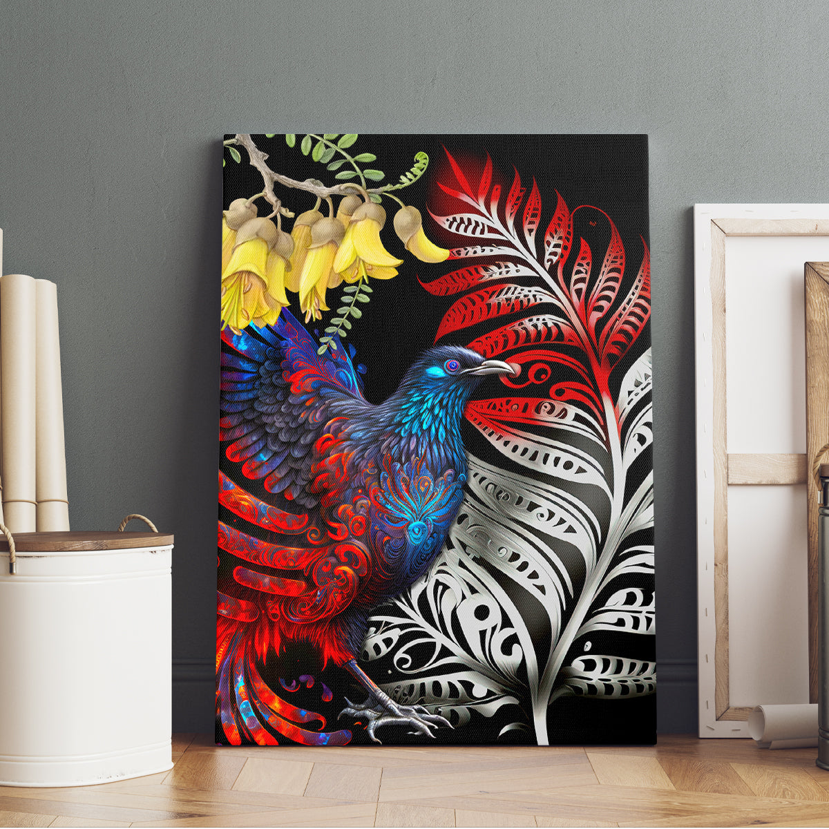 New Zealand Kohwhai Tui Bird Canvas Wall Art Silver Fern Version LT03 - Polynesian Pride