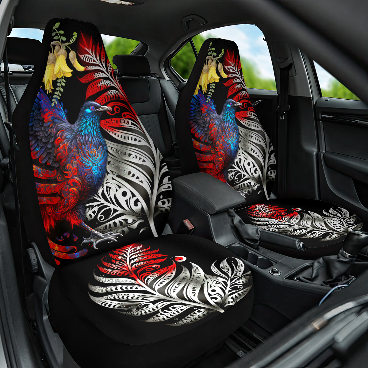 New Zealand Kohwhai Tui Bird Car Seat Cover Silver Fern Version LT03 One Size Black - Polynesian Pride