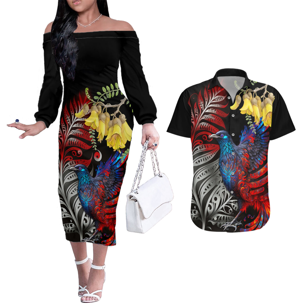 New Zealand Kohwhai Tui Bird Couples Matching Off The Shoulder Long Sleeve Dress and Hawaiian Shirt Silver Fern Version LT03 Black - Polynesian Pride