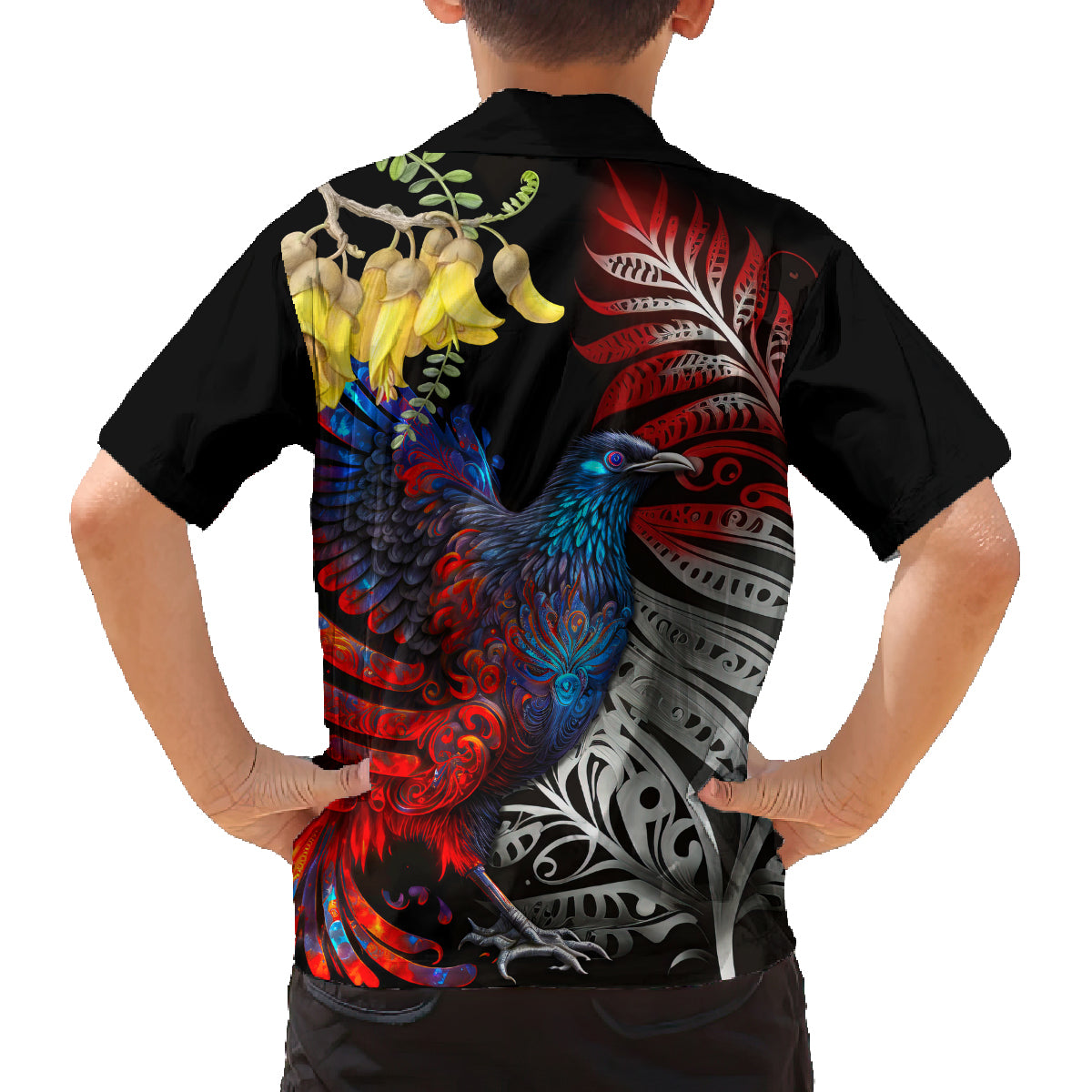 New Zealand Kohwhai Tui Bird Family Matching Off Shoulder Long Sleeve Dress and Hawaiian Shirt Silver Fern Version LT03 - Polynesian Pride