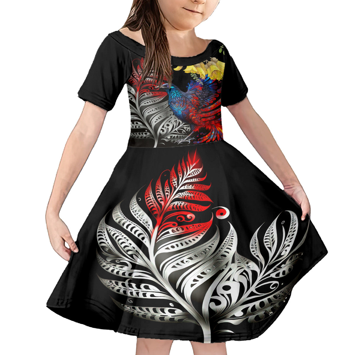 New Zealand Kohwhai Tui Bird Family Matching Off Shoulder Short Dress and Hawaiian Shirt Silver Fern Version LT03 Daughter's Dress Black - Polynesian Pride