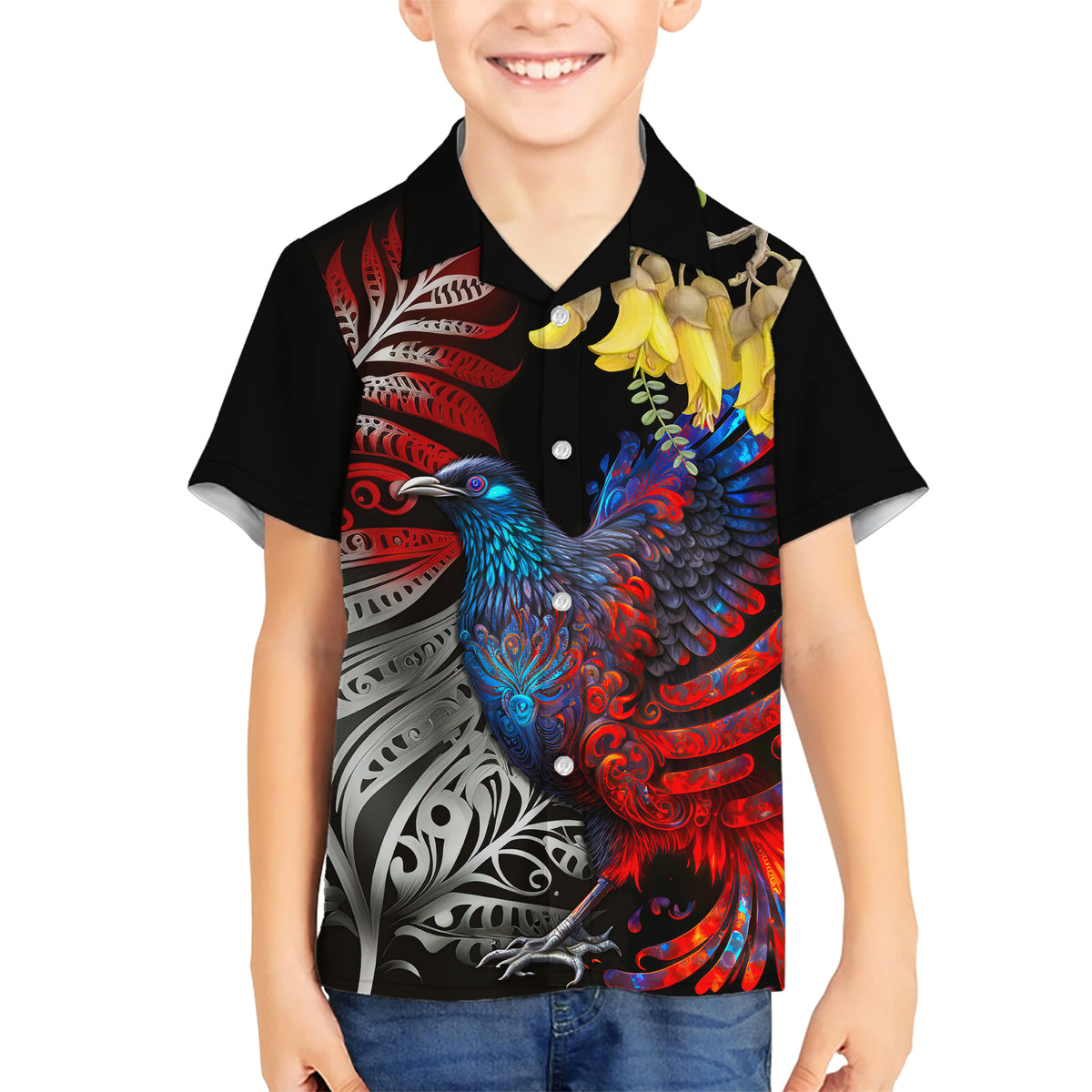 New Zealand Kohwhai Tui Bird Family Matching Short Sleeve Bodycon Dress and Hawaiian Shirt Silver Fern Version LT03 Son's Shirt Black - Polynesian Pride