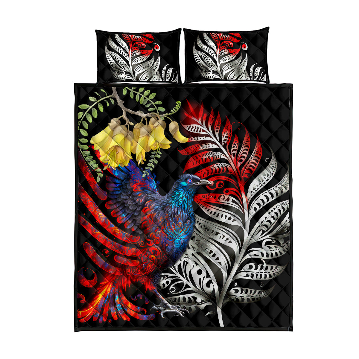 New Zealand Kohwhai Tui Bird Quilt Bed Set Silver Fern Version LT03 - Polynesian Pride