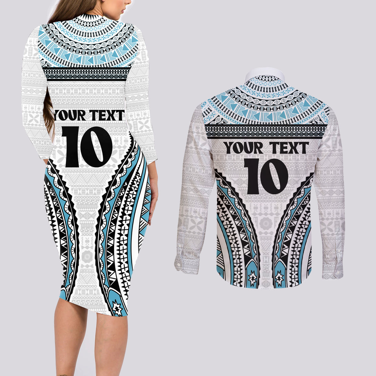Custom Flying Fijians Rugby Couples Matching Long Sleeve Bodycon Dress and Long Sleeve Button Shirt Tapa Tribal Cloth LT03 - Polynesian Pride