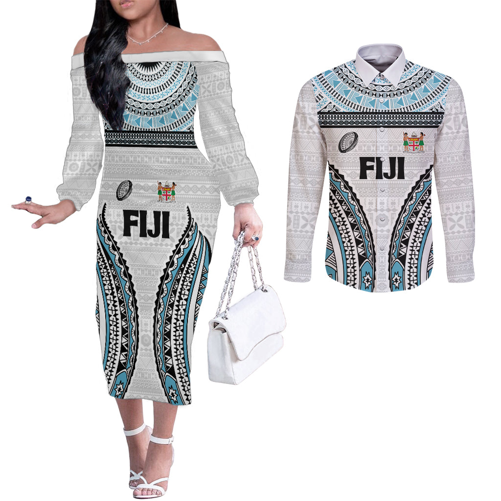 Custom Flying Fijians Rugby Couples Matching Off The Shoulder Long Sleeve Dress and Long Sleeve Button Shirt Tapa Tribal Cloth LT03 White - Polynesian Pride