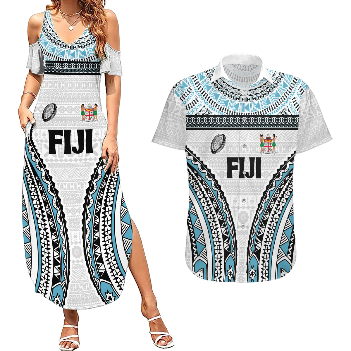 Custom Flying Fijians Rugby Couples Matching Summer Maxi Dress and Hawaiian Shirt Tapa Tribal Cloth LT03 White - Polynesian Pride