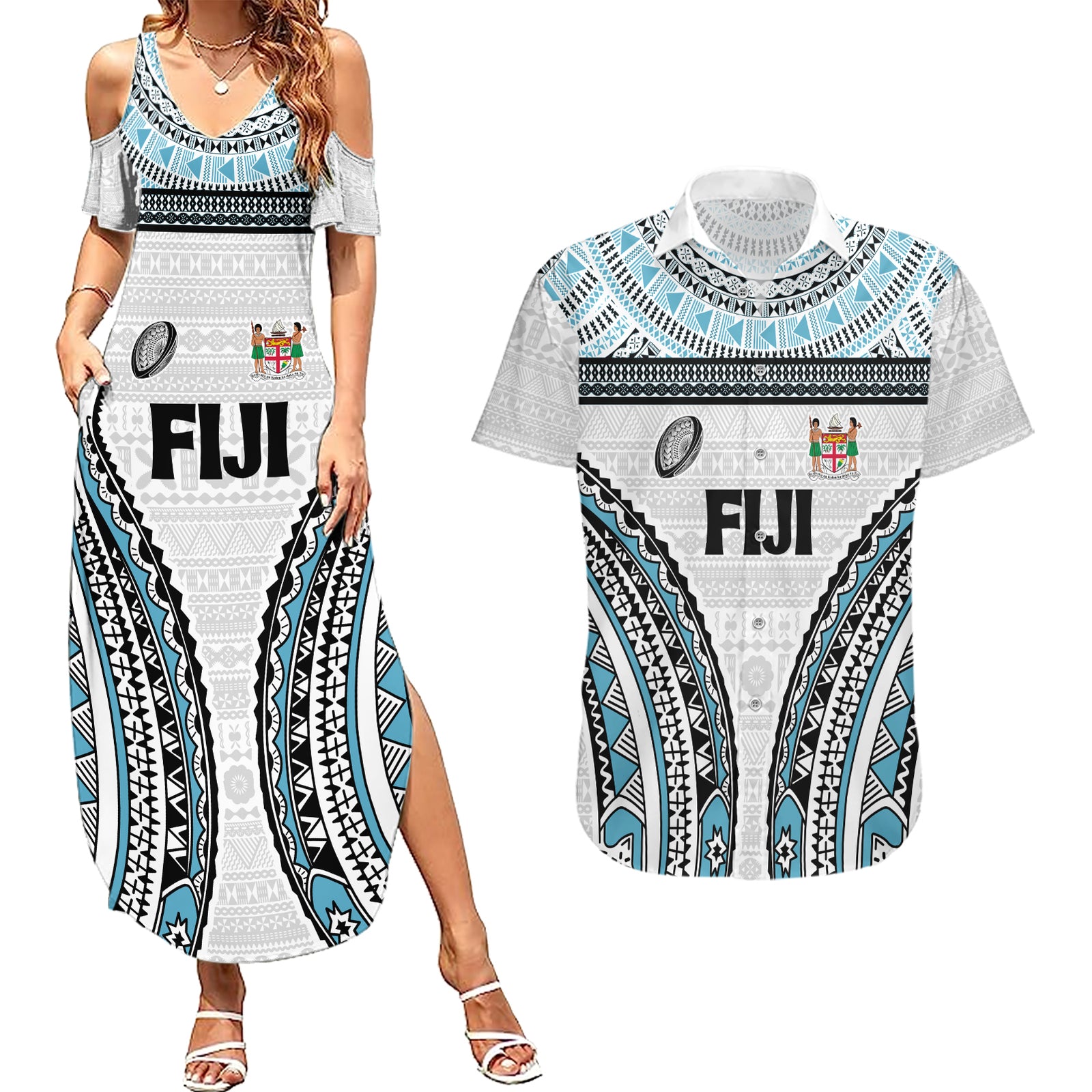 Custom Flying Fijians Rugby Couples Matching Summer Maxi Dress and Hawaiian Shirt Tapa Tribal Cloth LT03 White - Polynesian Pride