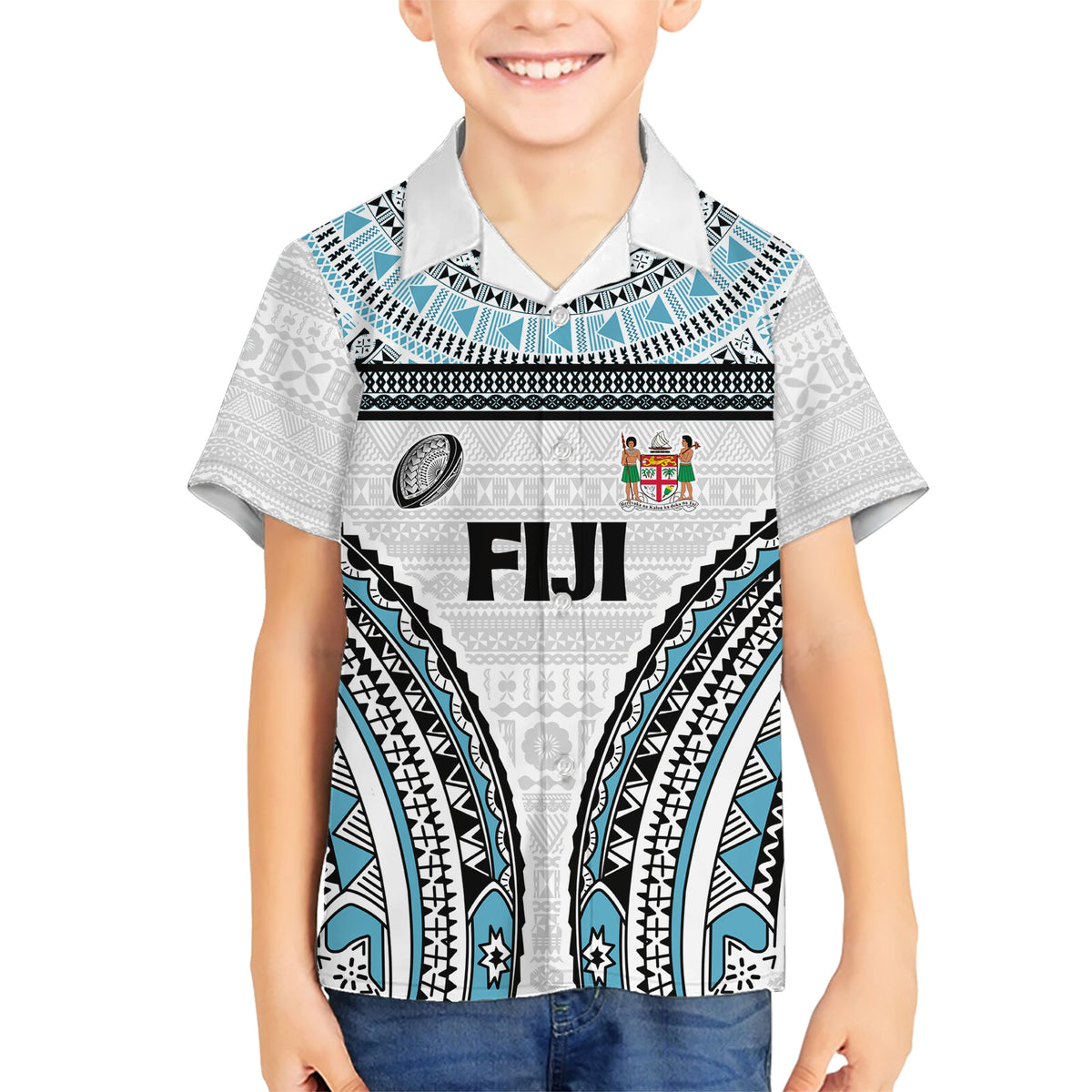 Custom Flying Fijians Rugby Family Matching Short Sleeve Bodycon Dress and Hawaiian Shirt Tapa Tribal Cloth LT03 Son's Shirt White - Polynesian Pride