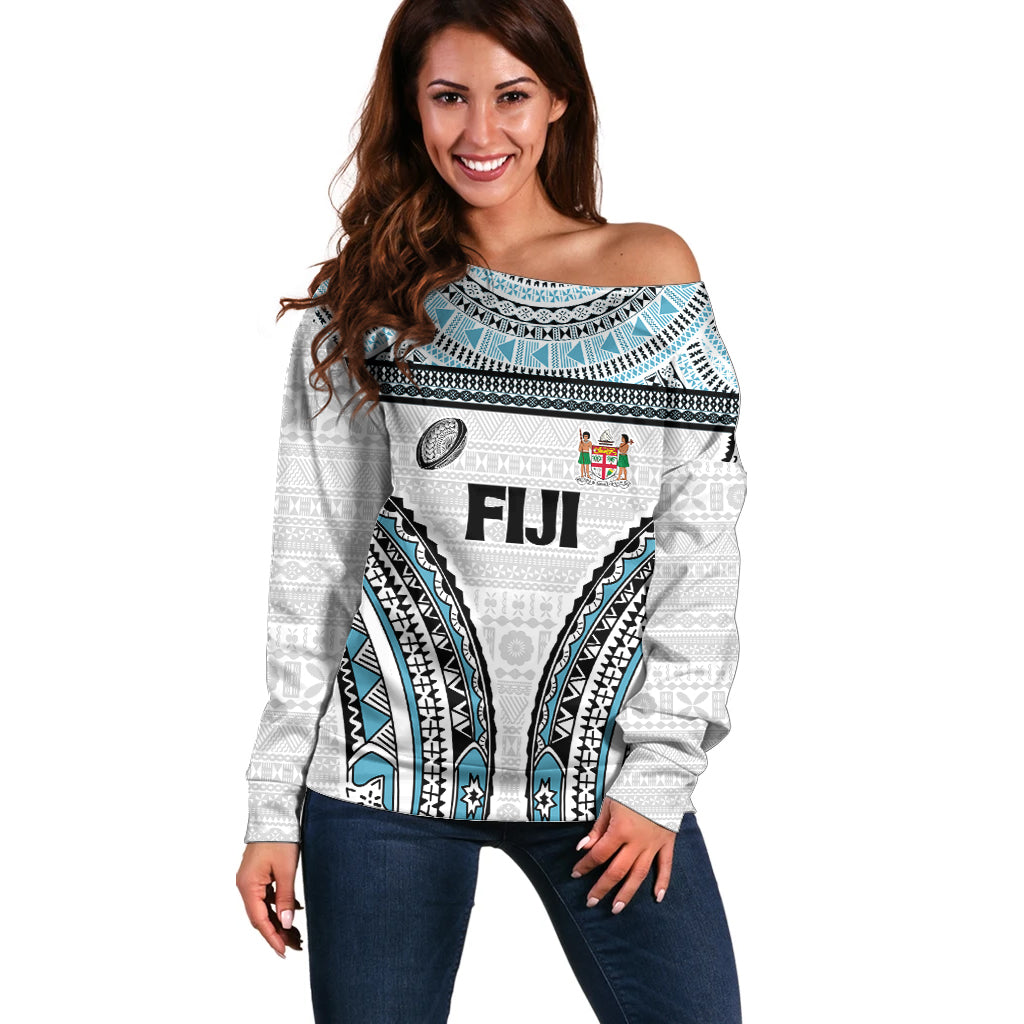 Custom Flying Fijians Rugby Off Shoulder Sweater Tapa Tribal Cloth LT03 Women White - Polynesian Pride