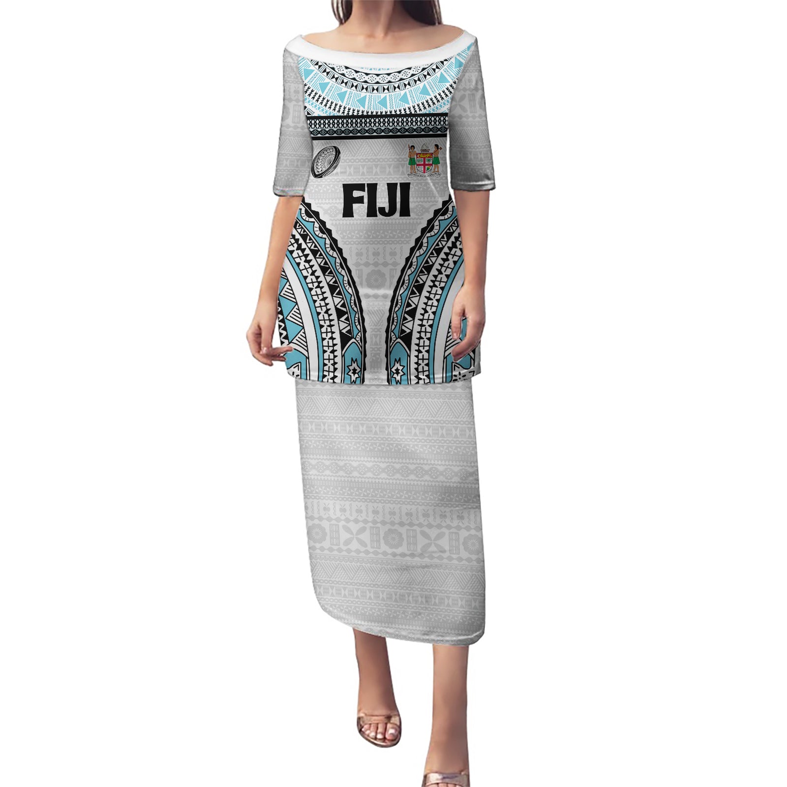 Custom Flying Fijians Rugby Puletasi Tapa Tribal Cloth LT03 Long Dress White - Polynesian Pride