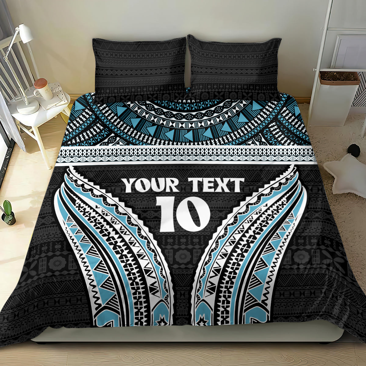 Custom Flying Fijians Rugby Bedding Set Tapa Tribal Cloth Black Color LT03 - Polynesian Pride
