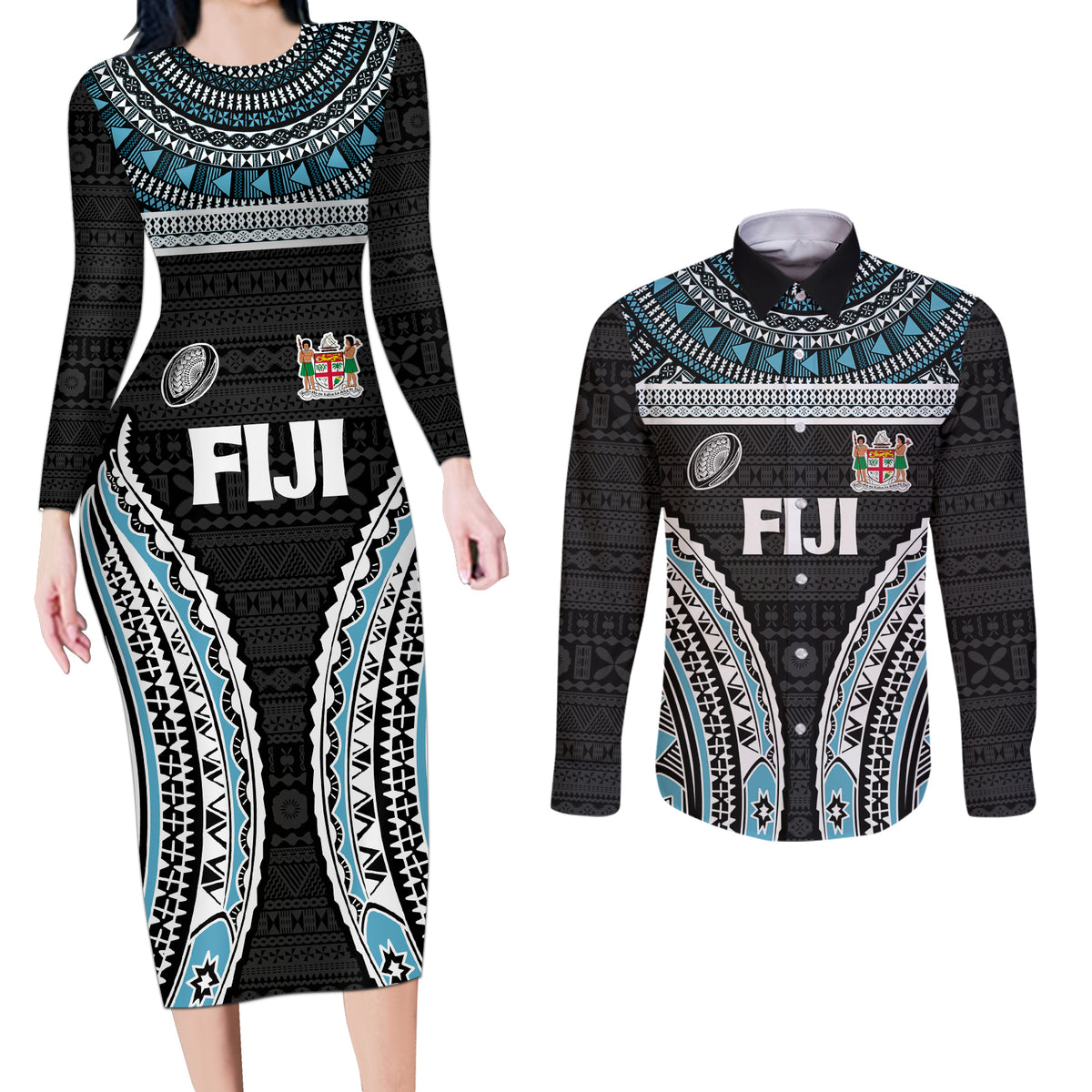 Custom Flying Fijians Rugby Couples Matching Long Sleeve Bodycon Dress and Long Sleeve Button Shirt Tapa Tribal Cloth Black Color LT03 Black - Polynesian Pride