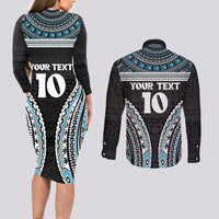Custom Flying Fijians Rugby Couples Matching Long Sleeve Bodycon Dress and Long Sleeve Button Shirt Tapa Tribal Cloth Black Color LT03 - Polynesian Pride