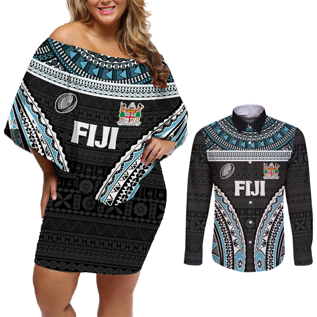 Custom Flying Fijians Rugby Couples Matching Off Shoulder Short Dress and Long Sleeve Button Shirt Tapa Tribal Cloth Black Color LT03 Black - Polynesian Pride