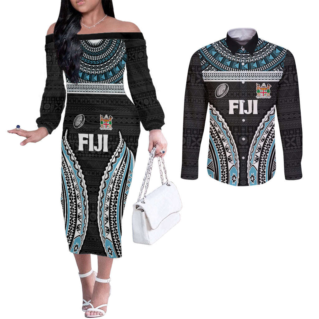 Custom Flying Fijians Rugby Couples Matching Off The Shoulder Long Sleeve Dress and Long Sleeve Button Shirt Tapa Tribal Cloth Black Color LT03 Black - Polynesian Pride