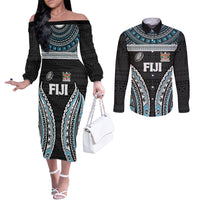 Custom Flying Fijians Rugby Couples Matching Off The Shoulder Long Sleeve Dress and Long Sleeve Button Shirt Tapa Tribal Cloth Black Color LT03 Black - Polynesian Pride