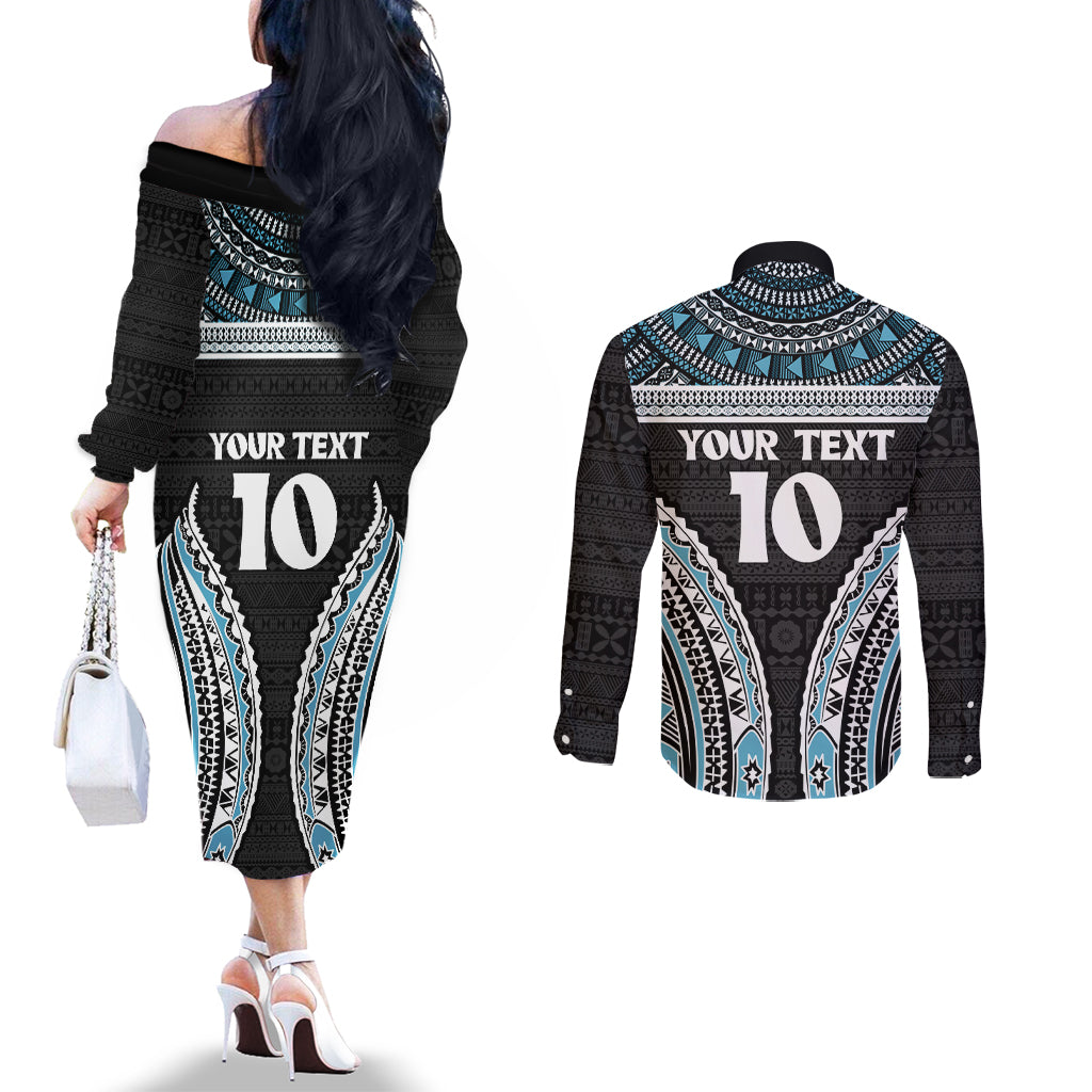 Custom Flying Fijians Rugby Couples Matching Off The Shoulder Long Sleeve Dress and Long Sleeve Button Shirt Tapa Tribal Cloth Black Color LT03 - Polynesian Pride