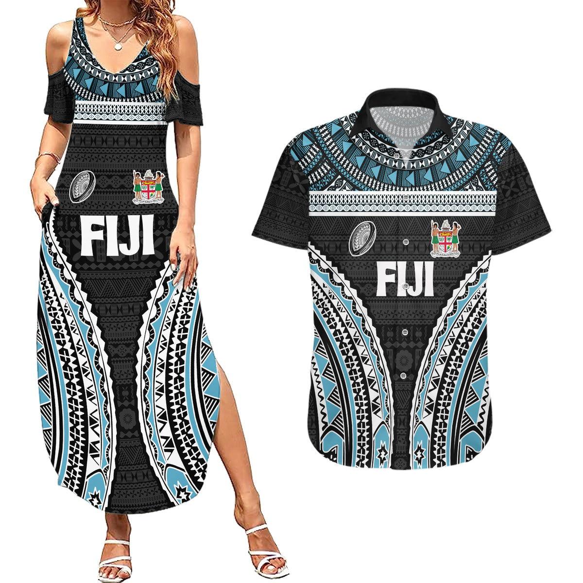 Custom Flying Fijians Rugby Couples Matching Summer Maxi Dress and Hawaiian Shirt Tapa Tribal Cloth Black Color LT03 Black - Polynesian Pride