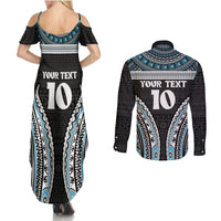 Custom Flying Fijians Rugby Couples Matching Summer Maxi Dress and Long Sleeve Button Shirt Tapa Tribal Cloth Black Color LT03 - Polynesian Pride