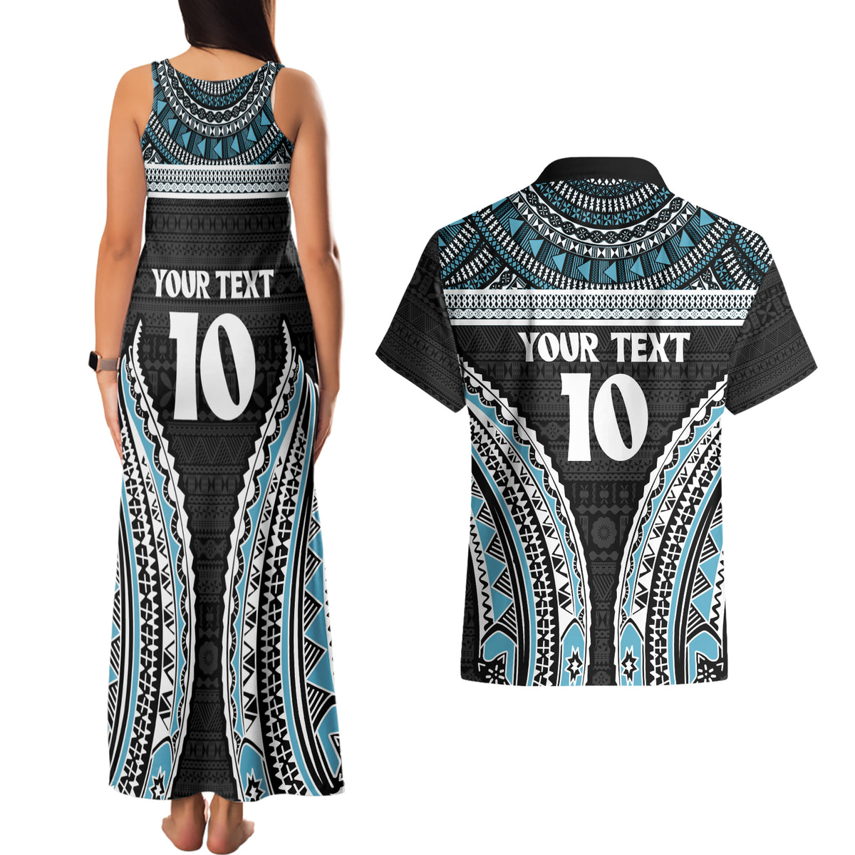 Custom Flying Fijians Rugby Couples Matching Tank Maxi Dress and Hawaiian Shirt Tapa Tribal Cloth Black Color LT03 - Polynesian Pride