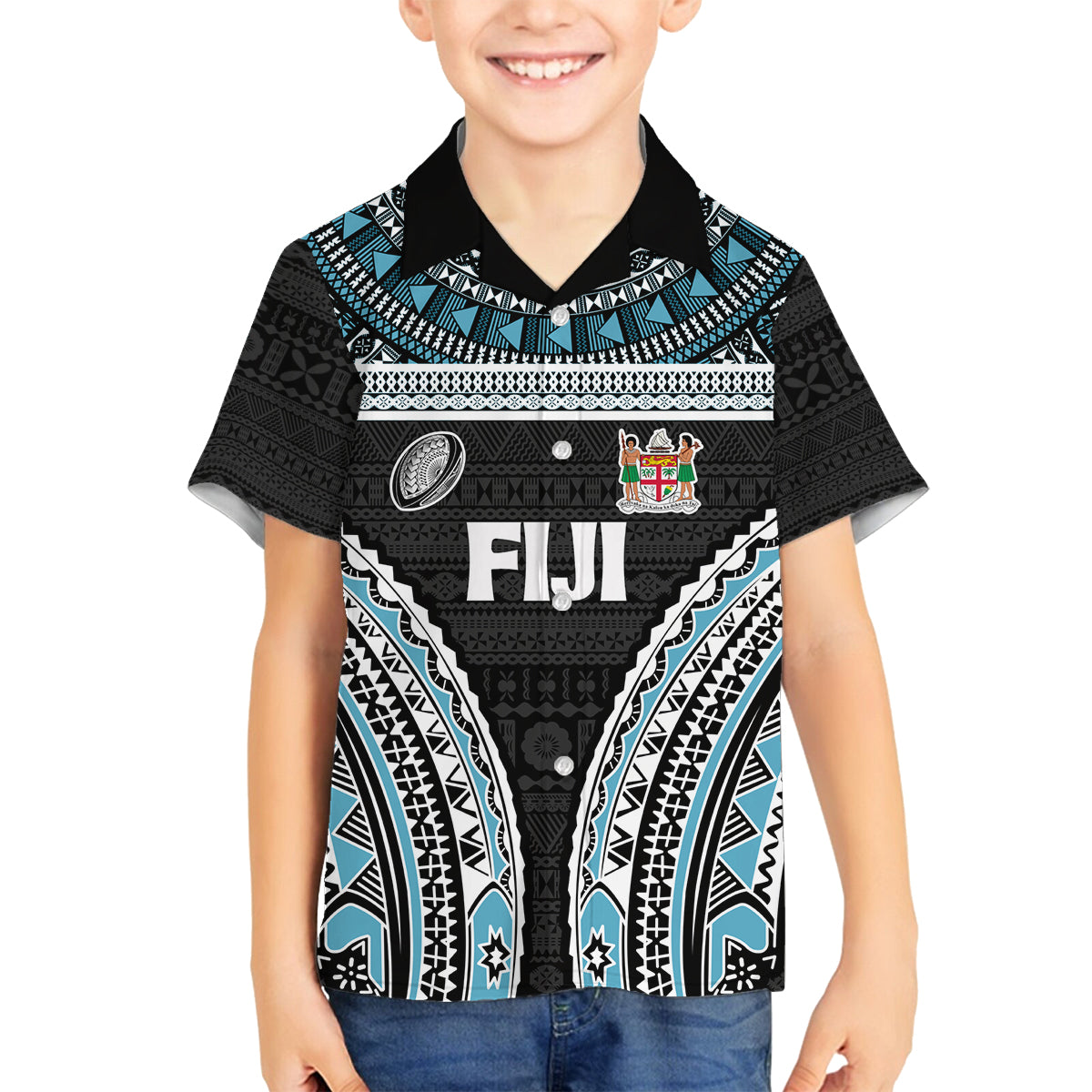 Custom Flying Fijians Rugby Family Matching Long Sleeve Bodycon Dress and Hawaiian Shirt Tapa Tribal Cloth Black Color LT03 Son's Shirt Black - Polynesian Pride