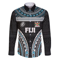 Custom Flying Fijians Rugby Family Matching Off The Shoulder Long Sleeve Dress and Hawaiian Shirt Tapa Tribal Cloth Black Color LT03 Dad's Shirt - Long Sleeve Black - Polynesian Pride
