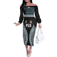 Custom Flying Fijians Rugby Family Matching Off The Shoulder Long Sleeve Dress and Hawaiian Shirt Tapa Tribal Cloth Black Color LT03 Mom's Dress Black - Polynesian Pride