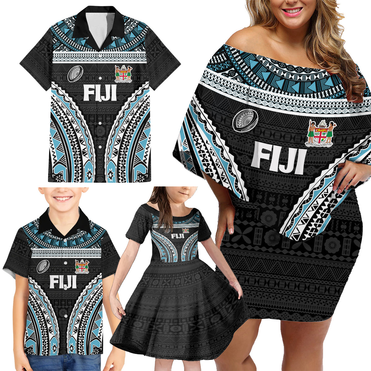 Custom Flying Fijians Rugby Family Matching Off Shoulder Short Dress and Hawaiian Shirt Tapa Tribal Cloth Black Color LT03 - Polynesian Pride