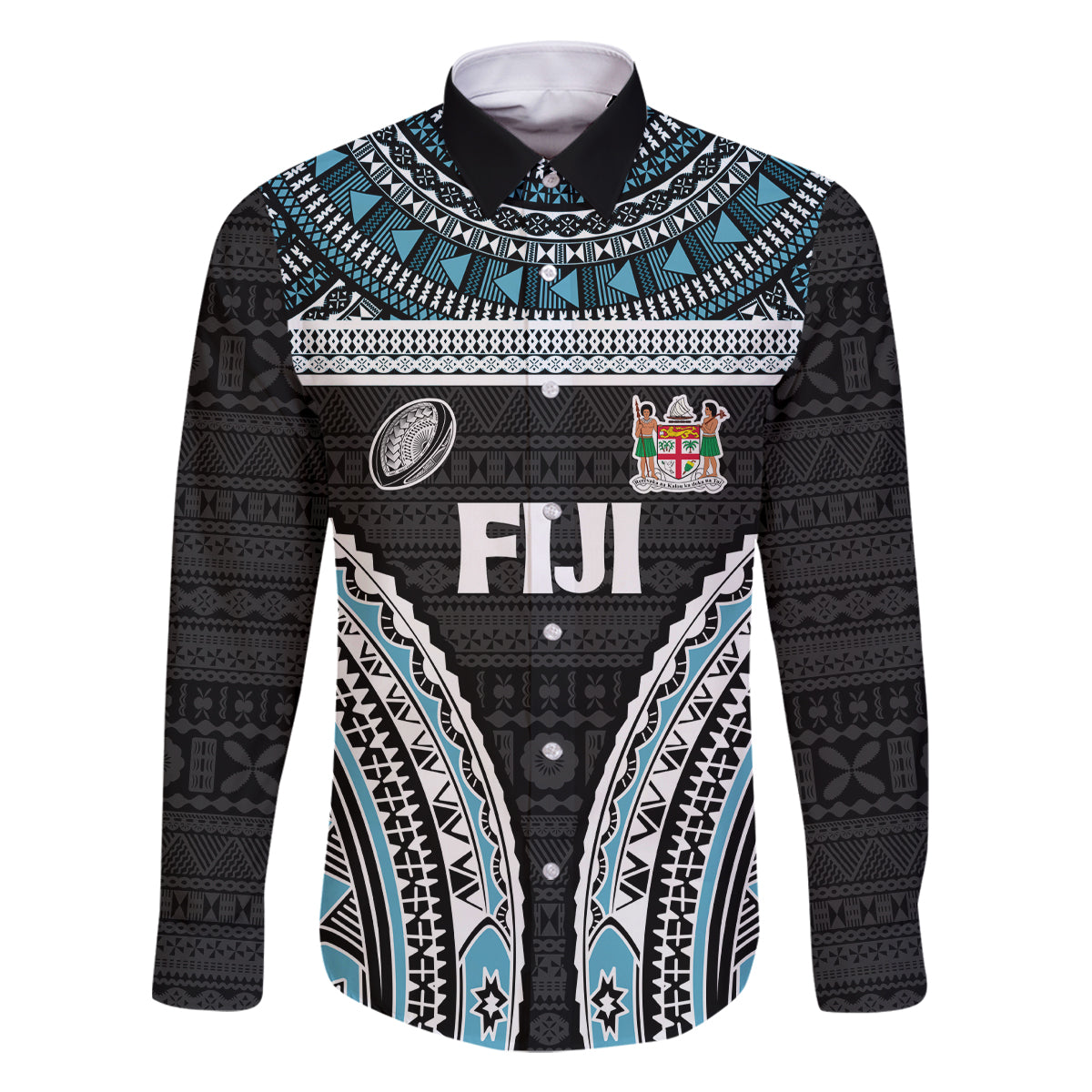 Custom Flying Fijians Rugby Family Matching Off Shoulder Short Dress and Hawaiian Shirt Tapa Tribal Cloth Black Color LT03 Dad's Shirt - Long Sleeve Black - Polynesian Pride