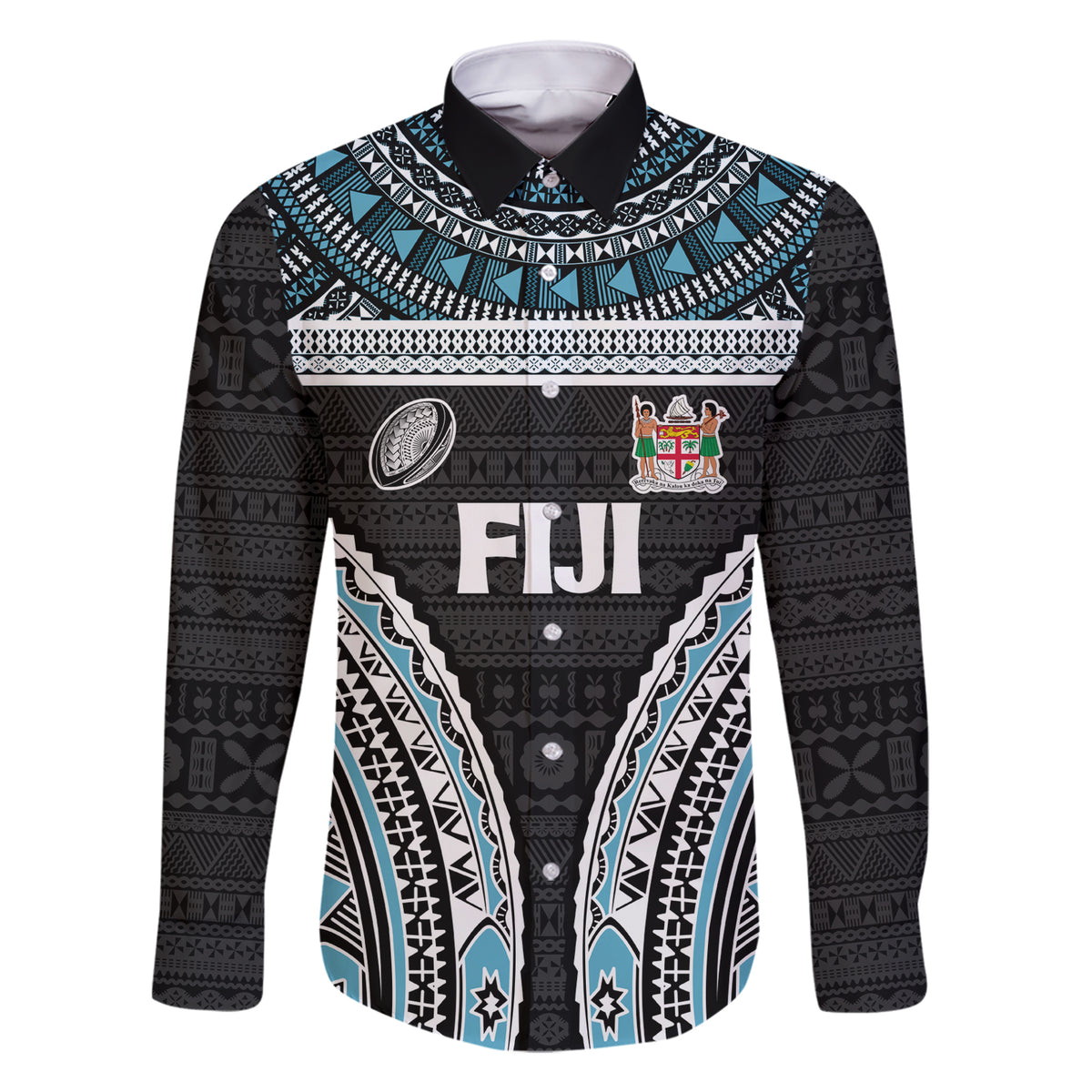 Custom Flying Fijians Rugby Family Matching Short Sleeve Bodycon Dress and Hawaiian Shirt Tapa Tribal Cloth Black Color LT03 Dad's Shirt - Long Sleeve Black - Polynesian Pride