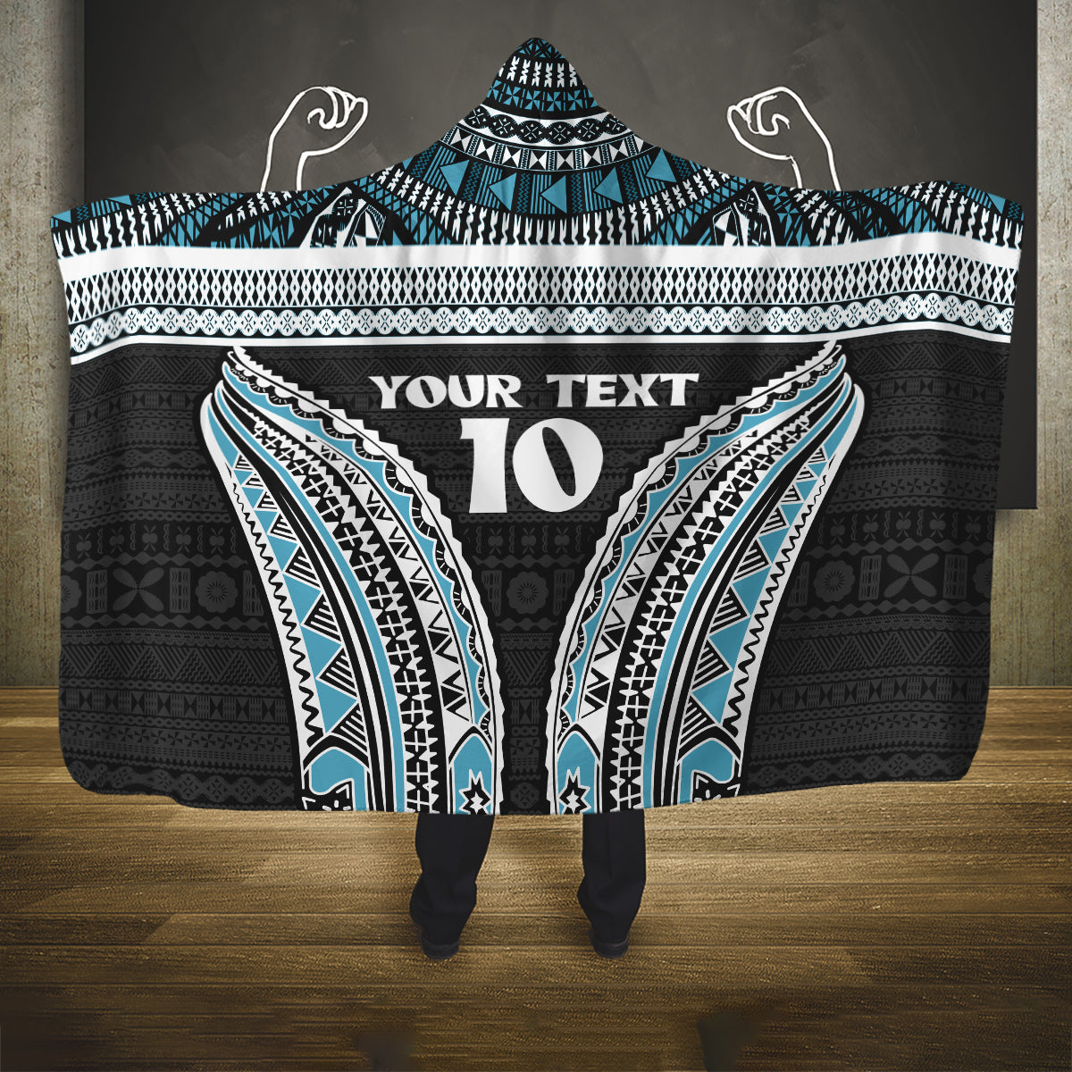 Custom Flying Fijians Rugby Hooded Blanket Tapa Tribal Cloth Black Color LT03 One Size Black - Polynesian Pride