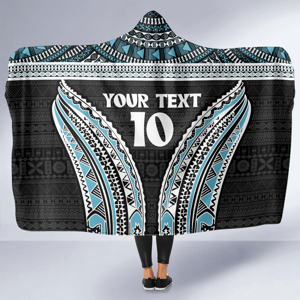 Custom Flying Fijians Rugby Hooded Blanket Tapa Tribal Cloth Black Color LT03 - Polynesian Pride