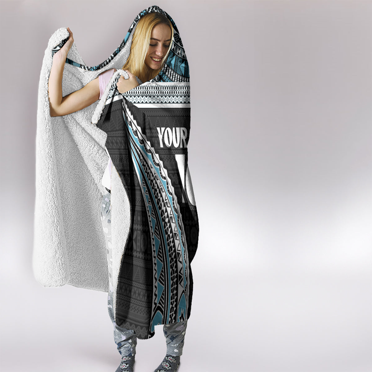 Custom Flying Fijians Rugby Hooded Blanket Tapa Tribal Cloth Black Color LT03 - Polynesian Pride