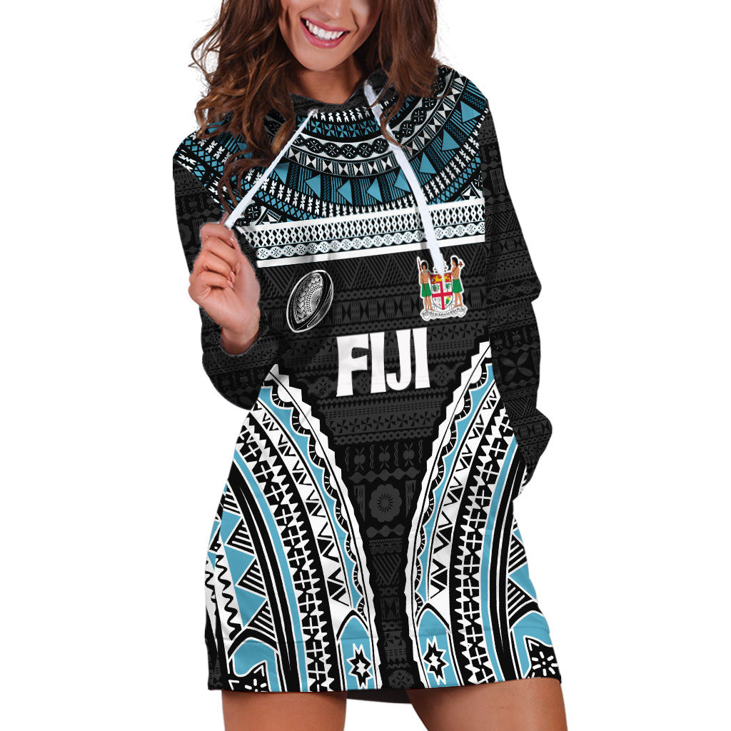 Custom Flying Fijians Rugby Hoodie Dress Tapa Tribal Cloth Black Color LT03 Black - Polynesian Pride