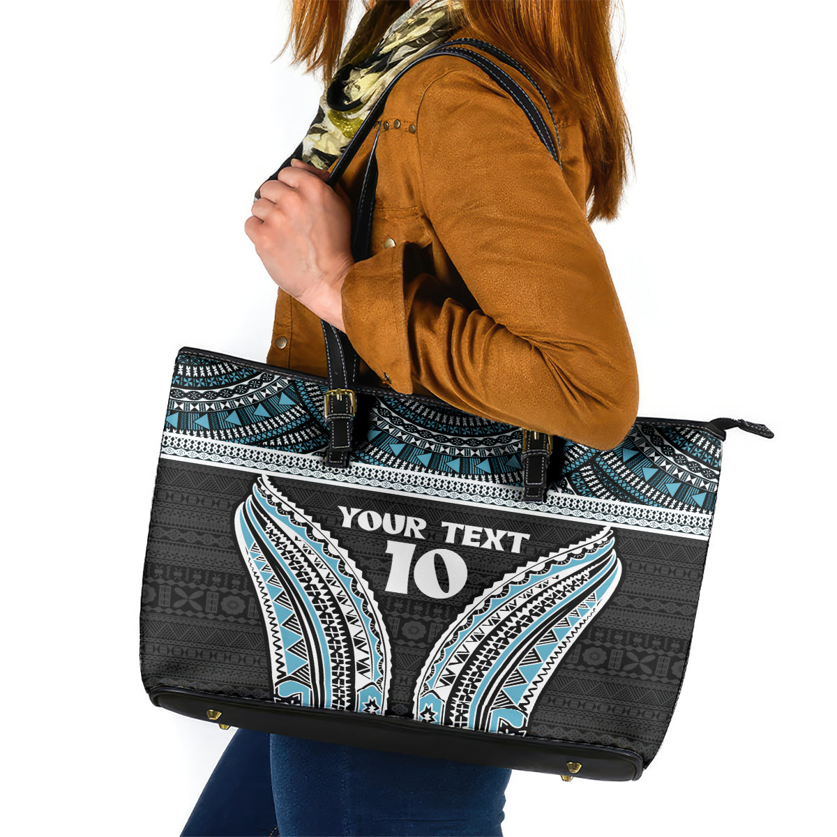 Custom Flying Fijians Rugby Leather Tote Bag Tapa Tribal Cloth Black Color LT03 Black - Polynesian Pride
