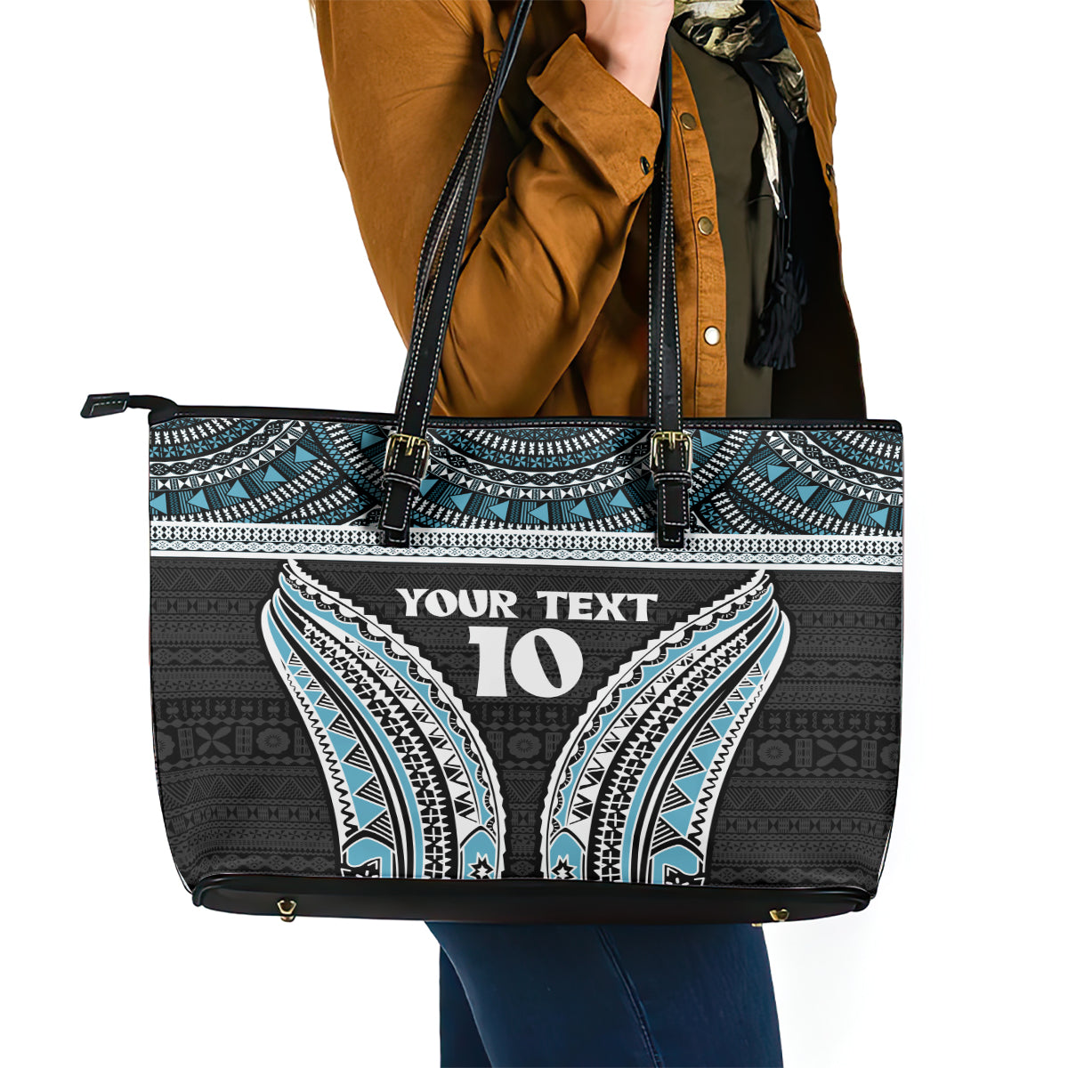 Custom Flying Fijians Rugby Leather Tote Bag Tapa Tribal Cloth Black Color LT03 - Polynesian Pride