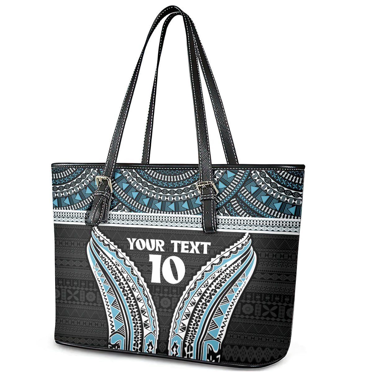 Custom Flying Fijians Rugby Leather Tote Bag Tapa Tribal Cloth Black Color LT03 - Polynesian Pride
