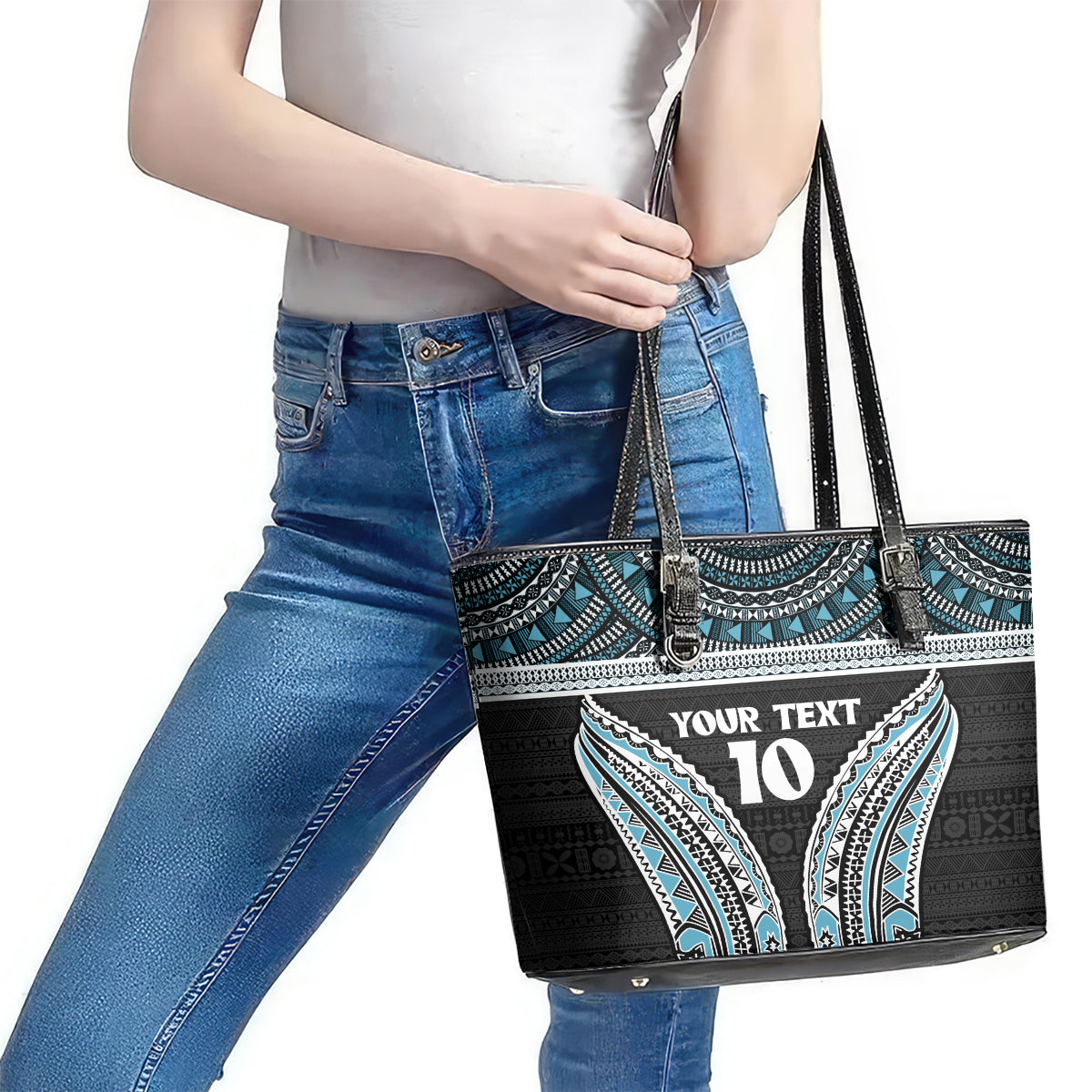Custom Flying Fijians Rugby Leather Tote Bag Tapa Tribal Cloth Black Color LT03 - Polynesian Pride