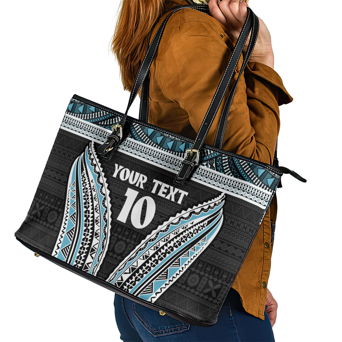 Custom Flying Fijians Rugby Leather Tote Bag Tapa Tribal Cloth Black Color LT03 - Polynesian Pride