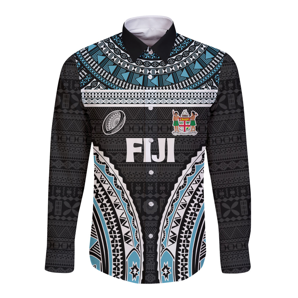 Custom Flying Fijians Rugby Long Sleeve Button Shirt Tapa Tribal Cloth Black Color LT03 Unisex Black - Polynesian Pride