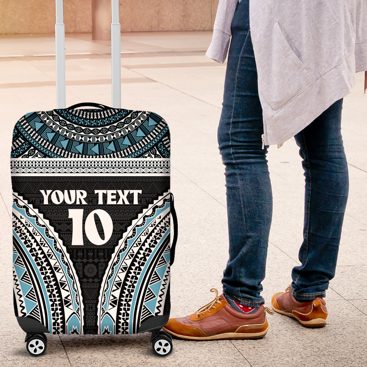 Custom Flying Fijians Rugby Luggage Cover Tapa Tribal Cloth Black Color LT03 Black - Polynesian Pride