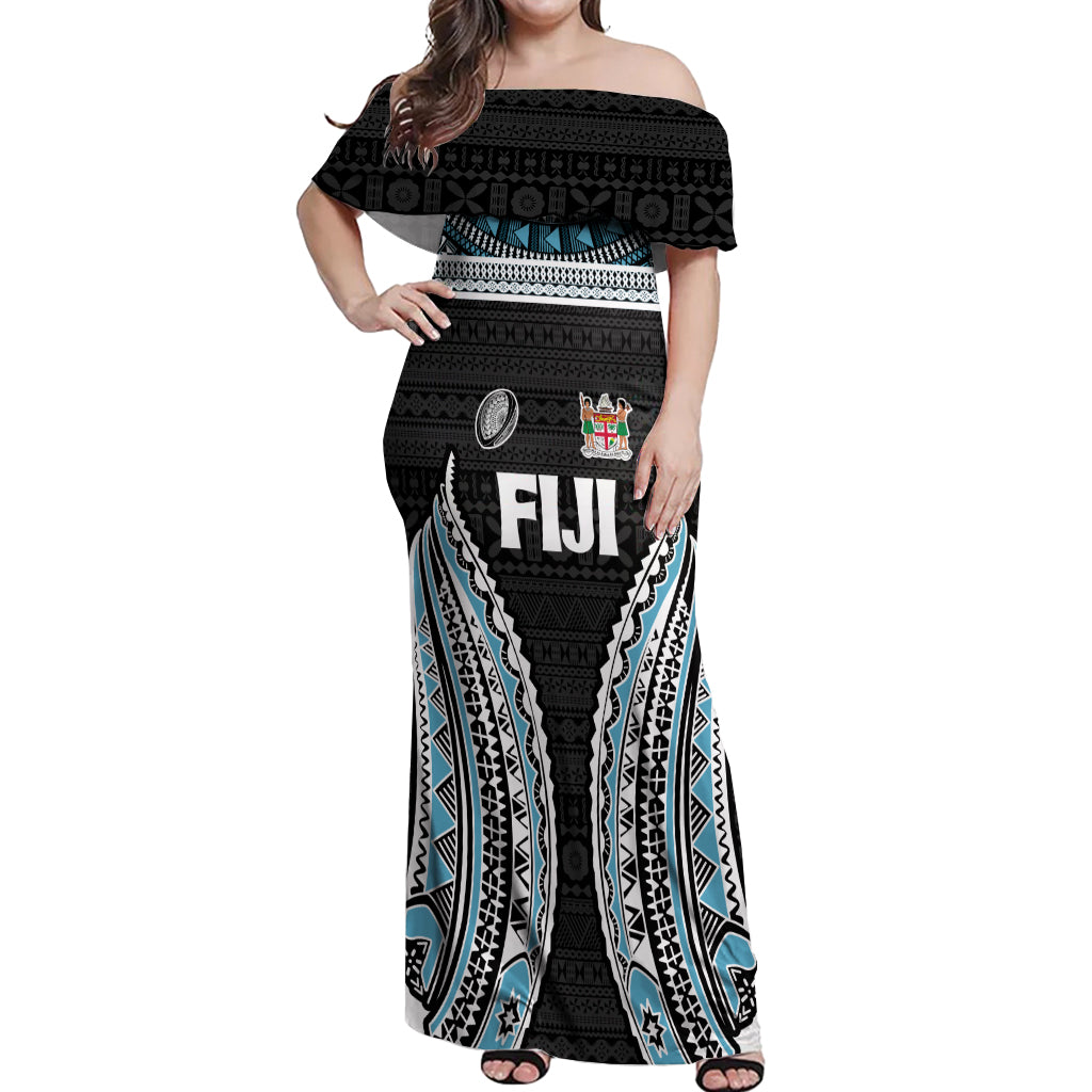 Custom Flying Fijians Rugby Off Shoulder Maxi Dress Tapa Tribal Cloth Black Color LT03 Women Black - Polynesian Pride