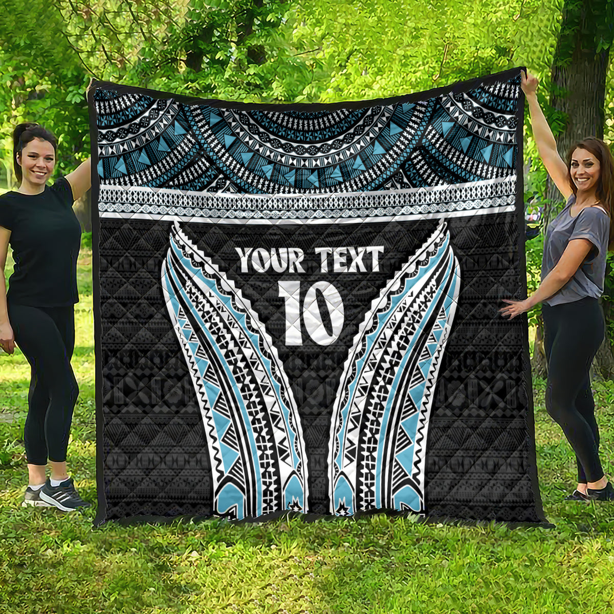 Custom Flying Fijians Rugby Quilt Tapa Tribal Cloth Black Color