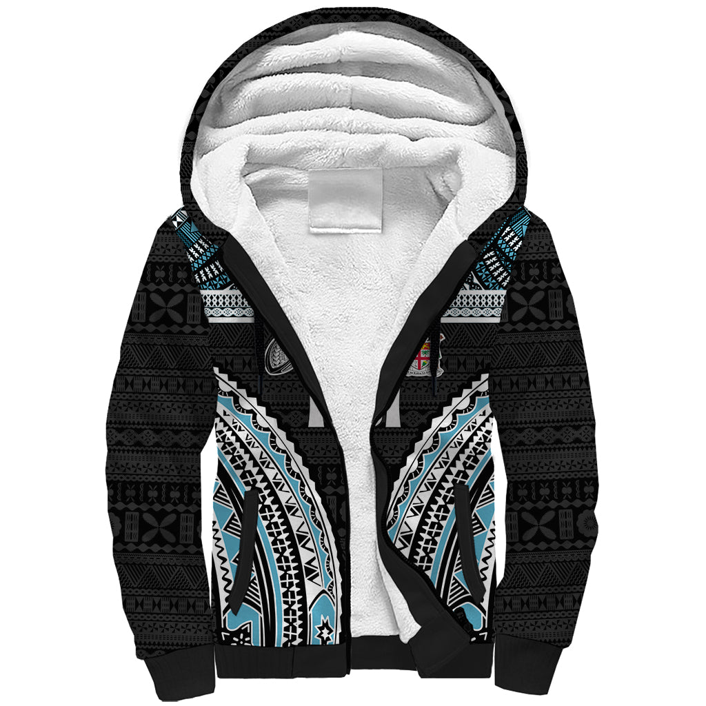 Custom Flying Fijians Rugby Sherpa Hoodie Tapa Tribal Cloth Black Color LT03 Unisex Black - Polynesian Pride