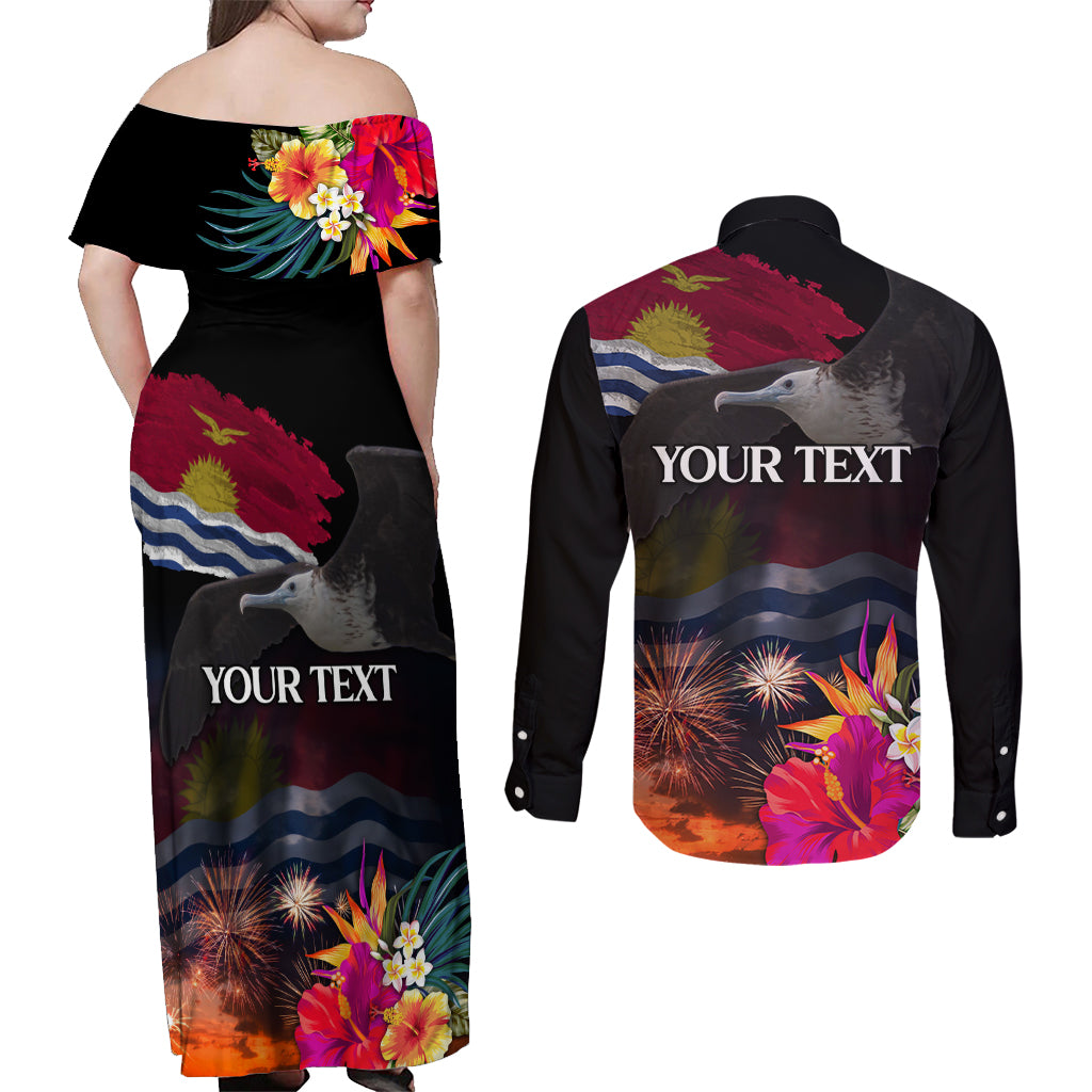Kiribati Independence Day Couples Matching Off Shoulder Maxi Dress and Long Sleeve Button Shirt Frigatebird and Plumeria Hibiscus Flower