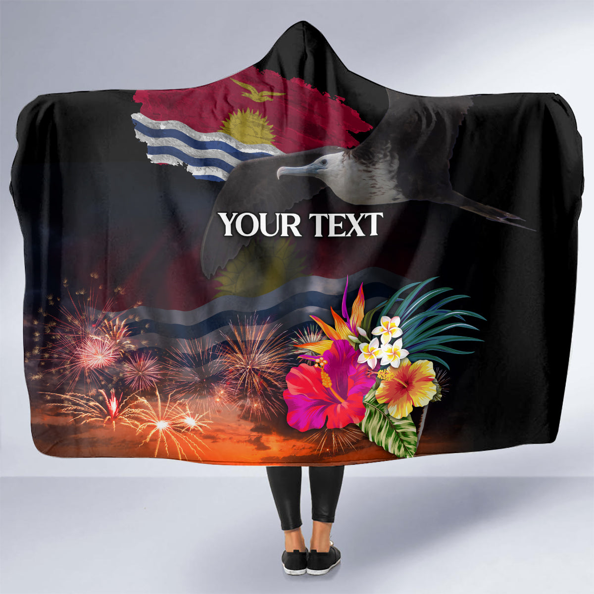 Personalised Kiribati Independence Day Hooded Blanket Frigatebird and Plumeria Hibiscus Flower