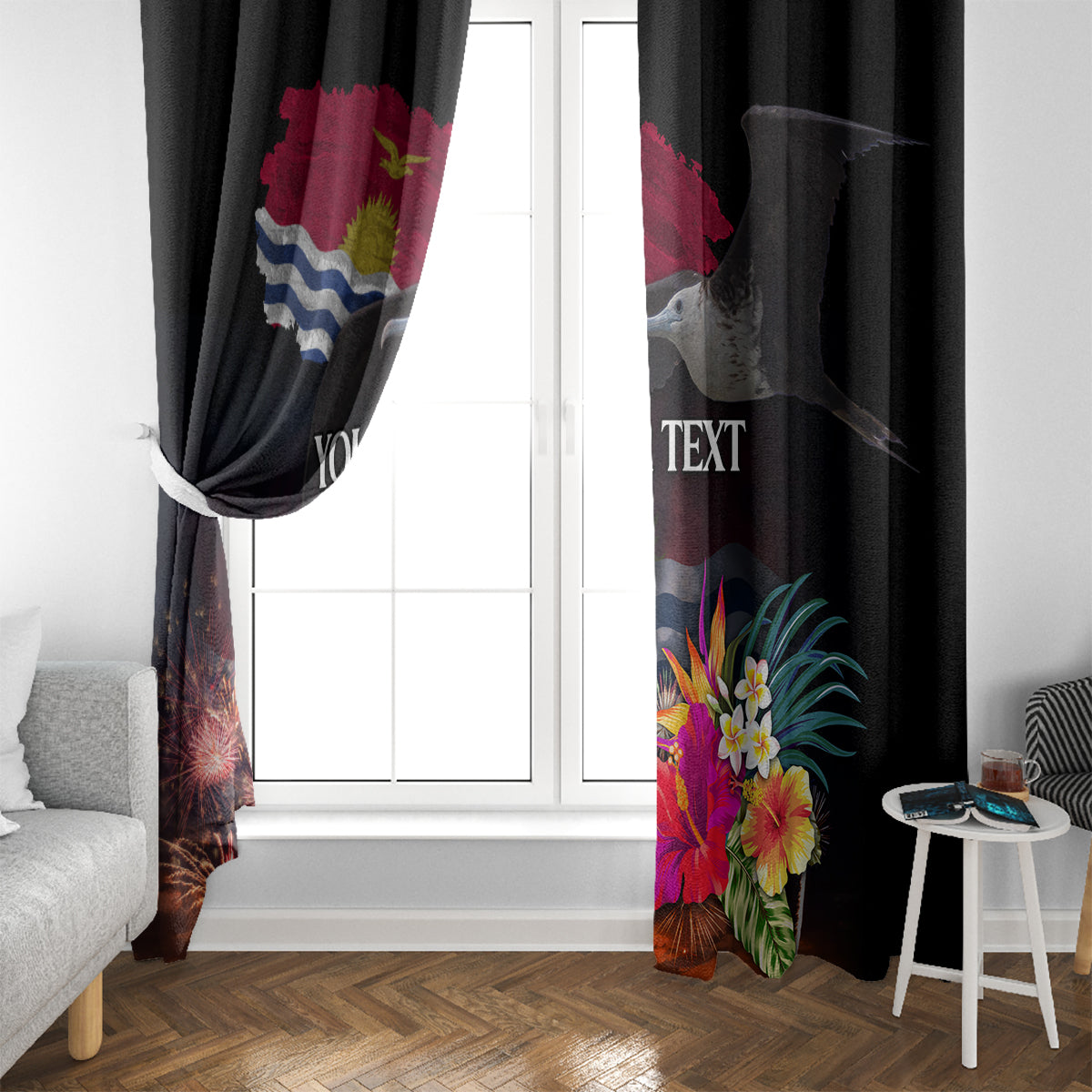 Personalised Kiribati Independence Day Window Curtain Frigatebird and Plumeria Hibiscus Flower LT03 - Polynesian Pride