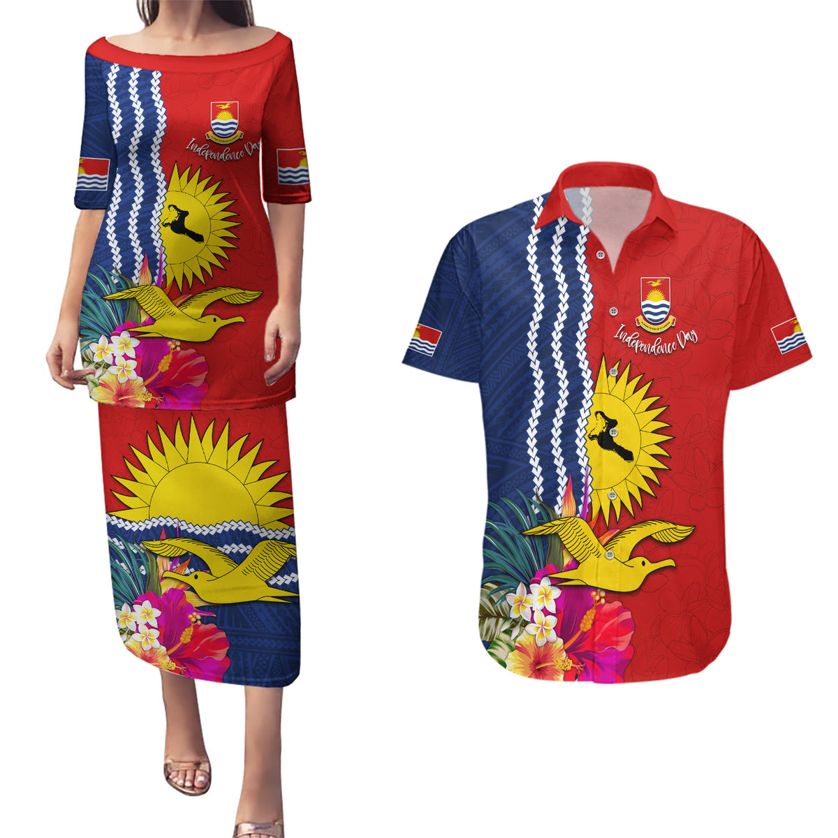 Kiribati Independence Day Couples Matching Puletasi and Hawaiian Shirt Kiribati Map With Flag Color