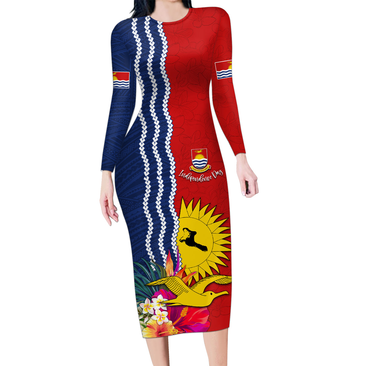 Kiribati Independence Day Family Matching Long Sleeve Bodycon Dress and Hawaiian Shirt Kiribati Map With Flag Color