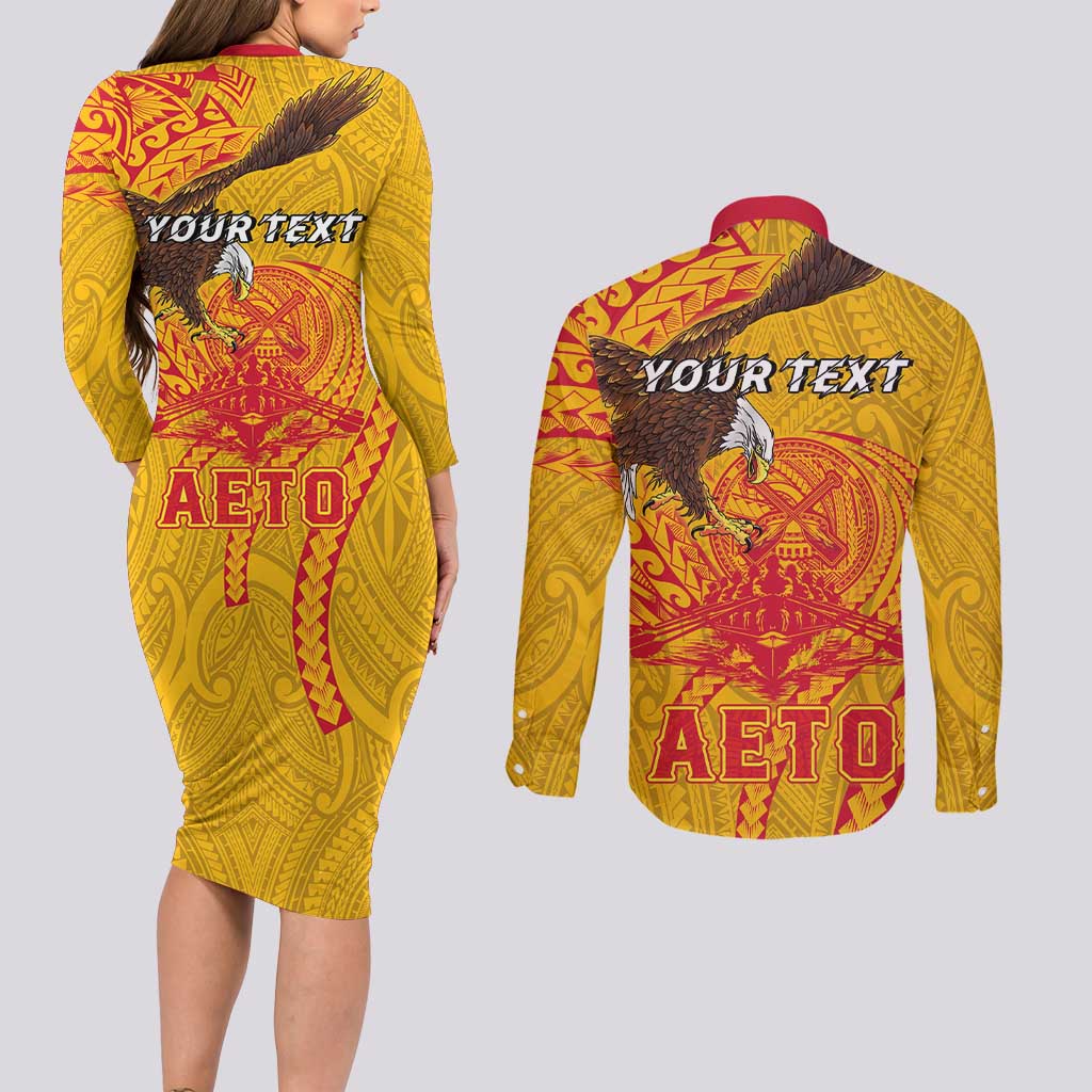 Personalized American Samoa Fautasi Race Couples Matching Long Sleeve Bodycon Dress and Long Sleeve Button Shirt Aeto Pago Pago with Eagle Samoan Tribal Patterns LT03 - Polynesian Pride